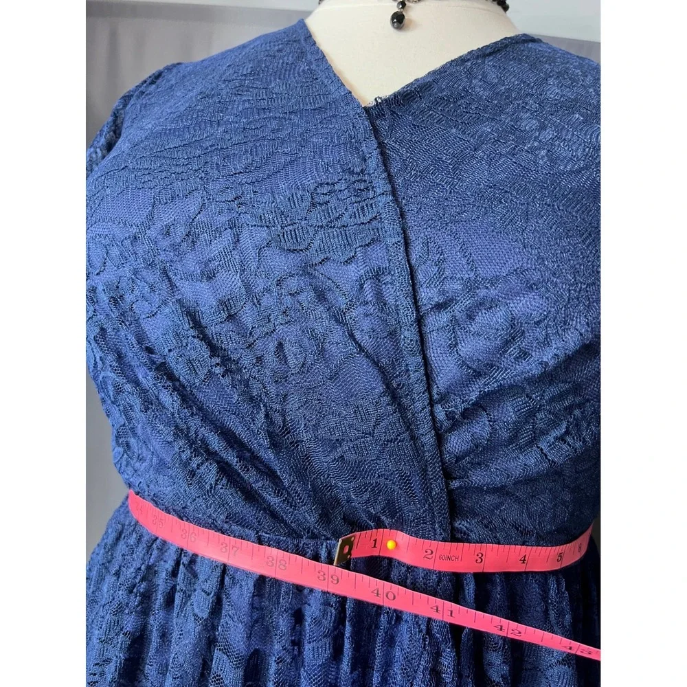 Royal Blue Floral Lace High-Low Faux Wrap Empire Waist Dress with Ruffle Detail - Picture 10 of 13